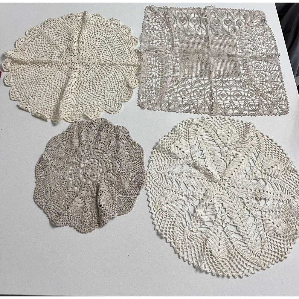 Lot of Four Vintage Crocheted Doilies‎ Various Sizes Colors Shapes